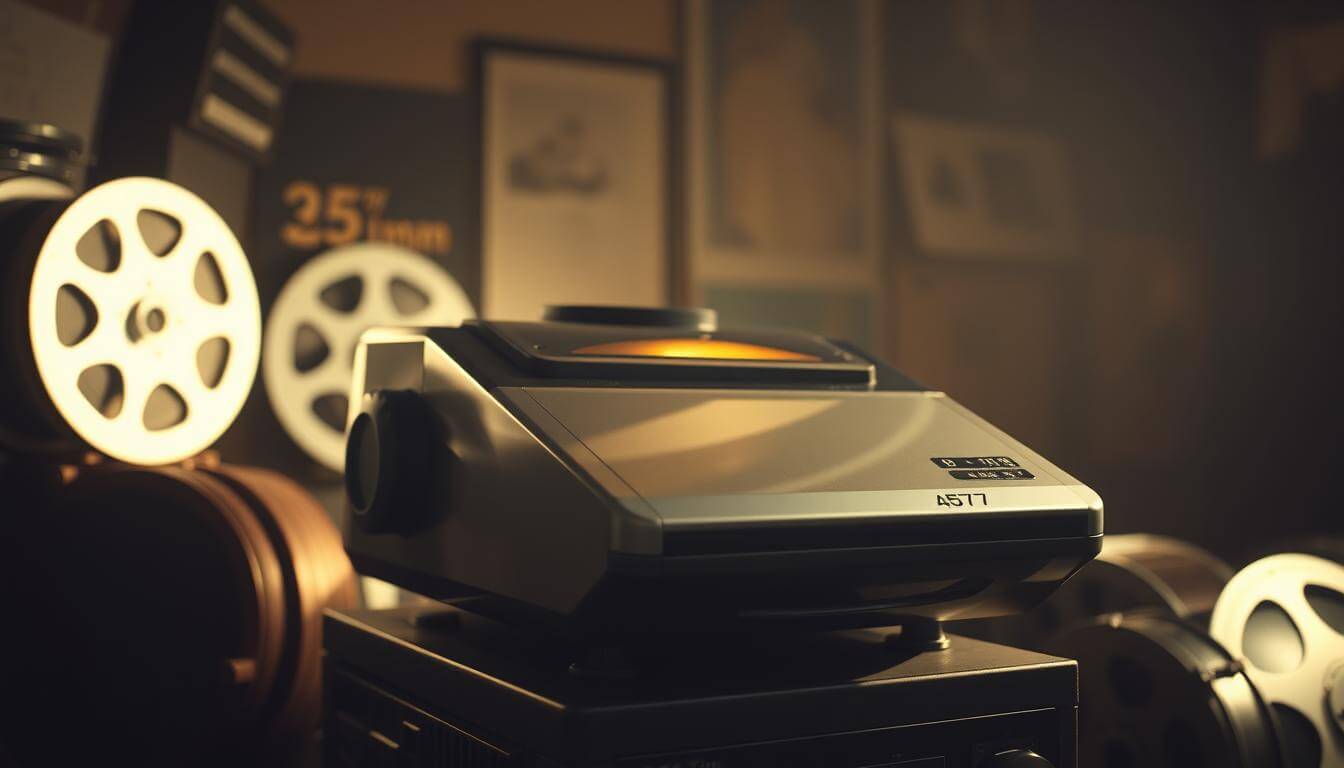 Close-up of a vintage slide projector in a dimly lit room, surrounded by film reels. Warm light highlights the projectors details, creating a nostalgic atmosphere. Blurred framed pictures and posters are in the background.